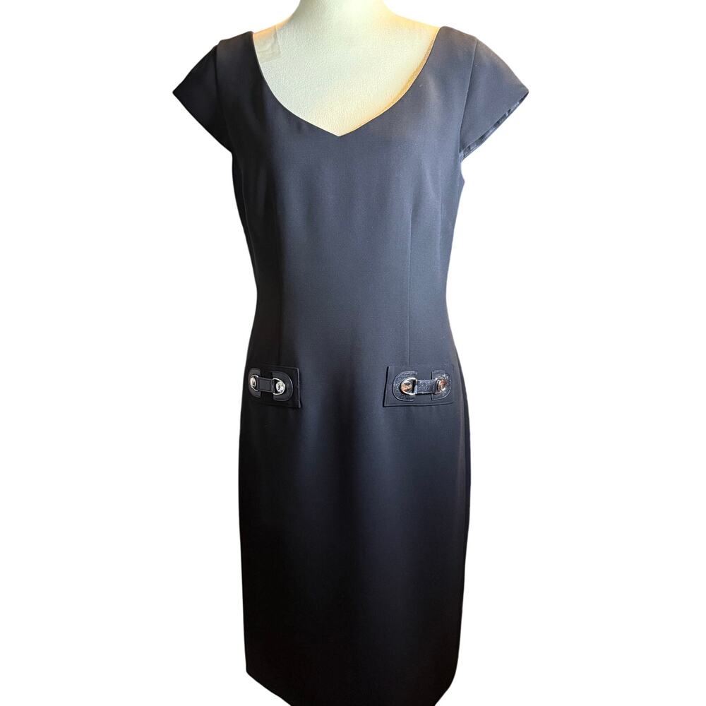 Tahari Arthur S. Levine Classic Black Sheath Dress, Cap Sleeve V-Neck, Size 8